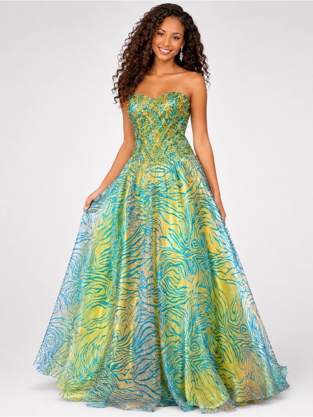NWT Studio 17 House of Wu Lime Turquoise Gold Strapless Gown 8